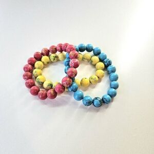 Set Of 3 Colorful Beaded Bracelets Red, Yellow, Blue Boho/ Festival/ Summer